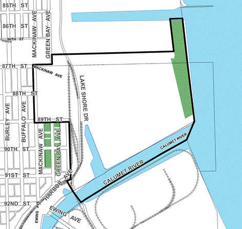 South Works Industrial TIF district, roughly bounded on the north by 86th Street, the Calumet River and Ewing Avenue on the south, the Lake Michigan shoreline on the east, and Mackinaw Avenue on the west.